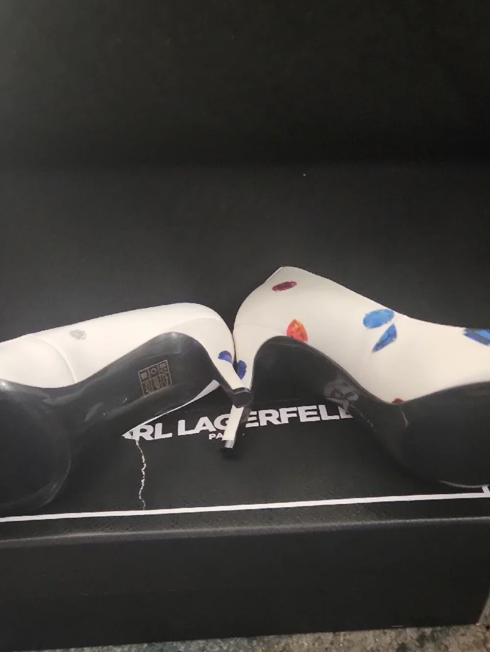Karl Lagerfeld White Pointed Toe Heels with Multicolor Gem Accents